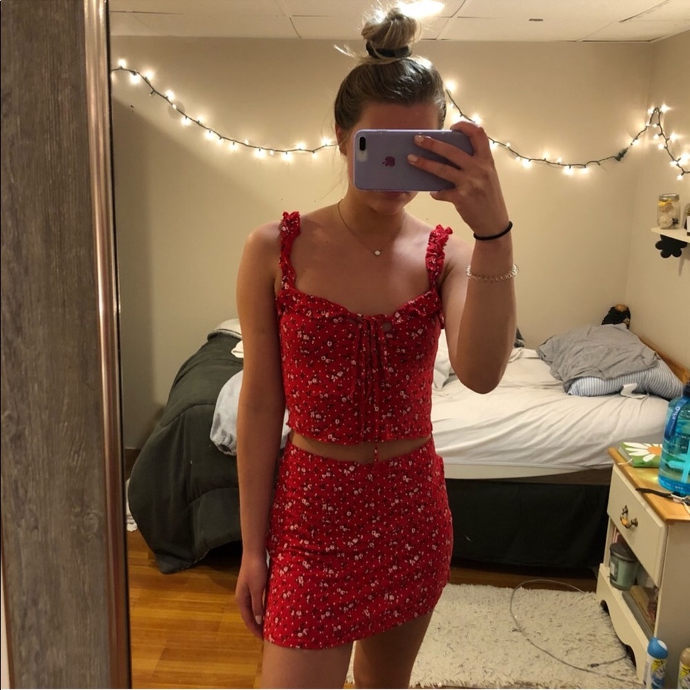 Red Floral Print Ruffle Strap Sweetheart Set